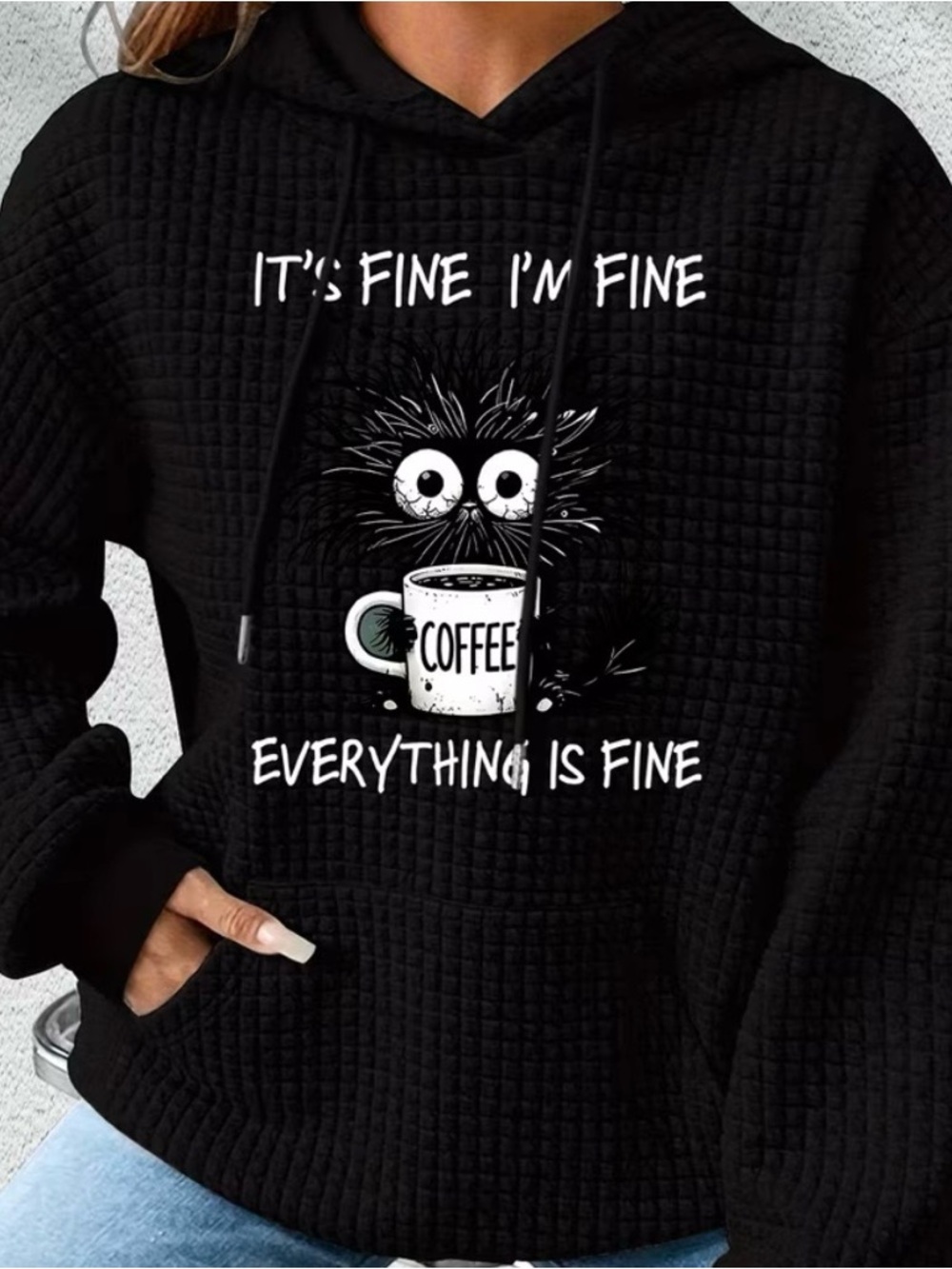 Black Waffle-Knit Hoodie with Coffee Monster Graphic